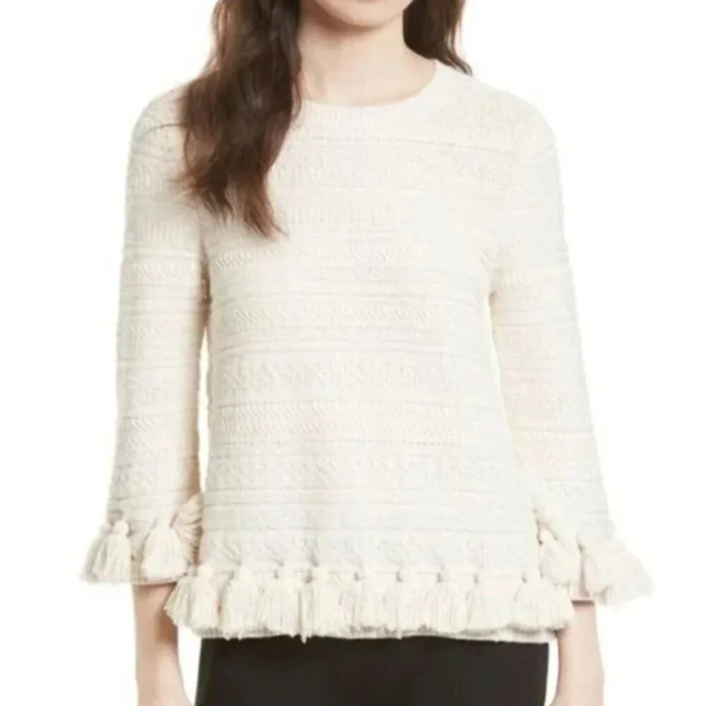 Kate Spade Womens Medium Beige Cotton Chunky Knit Sweater Pompom Hem Crewneck